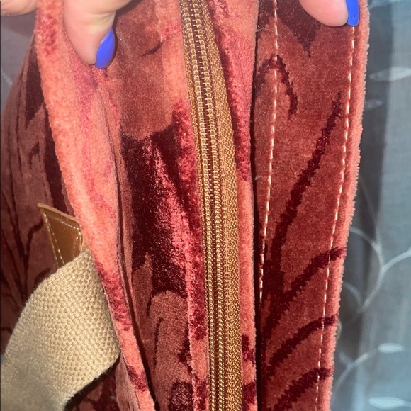 Chic Maroon Velour Tote Bag with Tan Straps - Picture 7 of 7